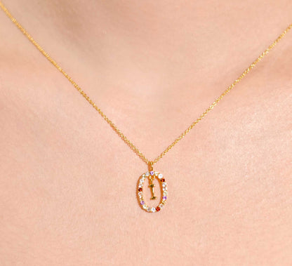 Alphabet "Letter I" with Multi Gemstones Halo Gold plated Necklace