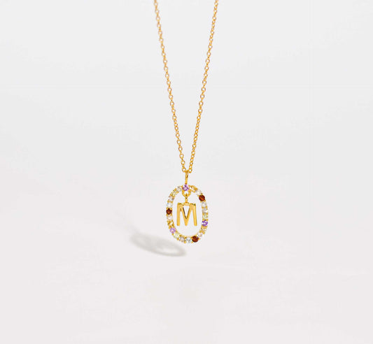 Alphabet "Letter M" with Multi Gemstones Halo Gold plated Necklace