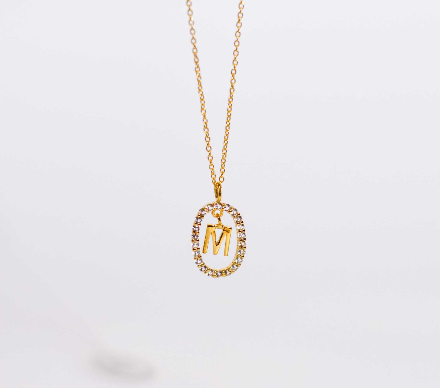 Alphabet "Letter M" with White Topaz Halo Gold plated Necklace