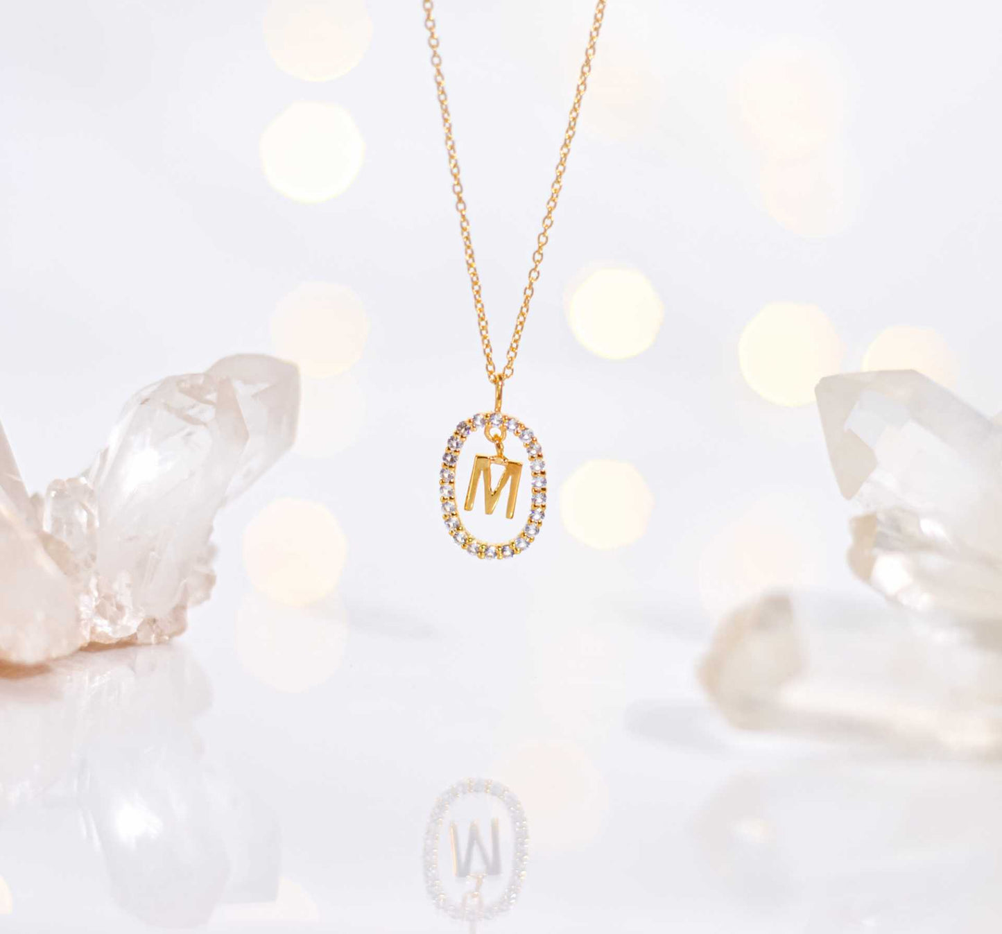 Alphabet "Letter M" with White Topaz Halo Gold plated Necklace
