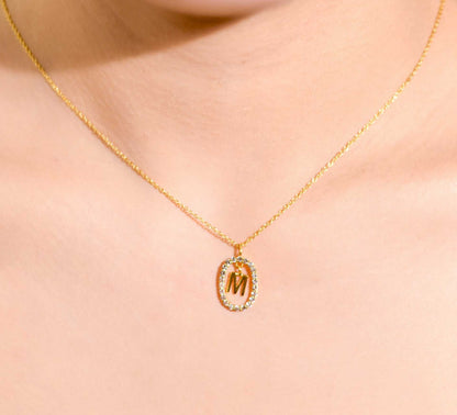 Alphabet "Letter M" with White Topaz Halo Gold plated Necklace