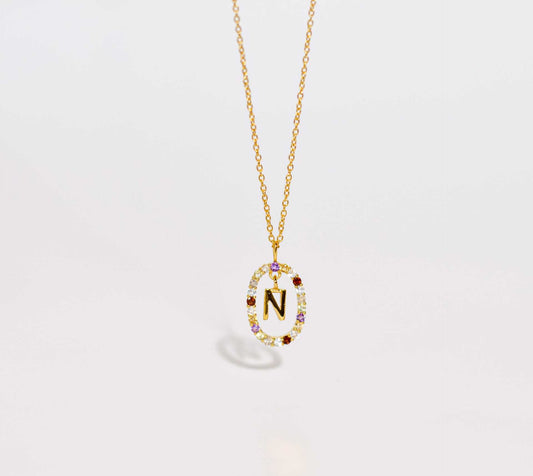 Alphabet "Letter N" with Multi Gemstones Halo Gold plated Necklace