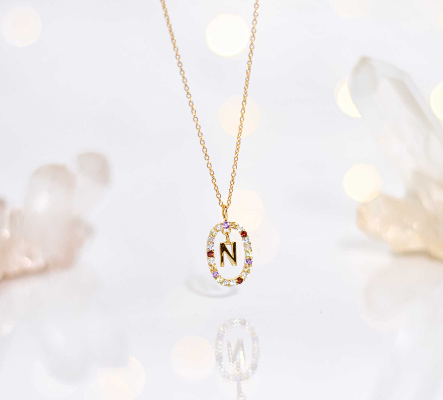Alphabet "Letter N" with Multi Gemstones Halo Gold plated Necklace