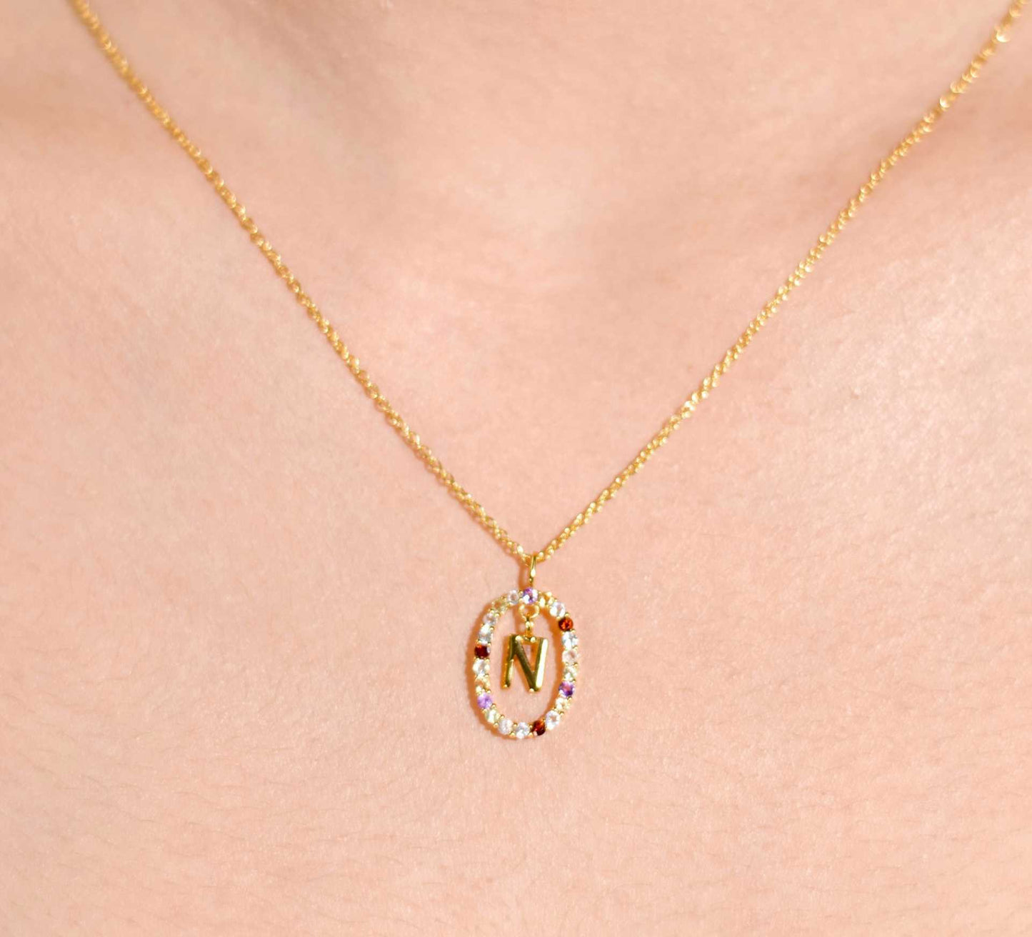 Alphabet "Letter N" with Multi Gemstones Halo Gold plated Necklace
