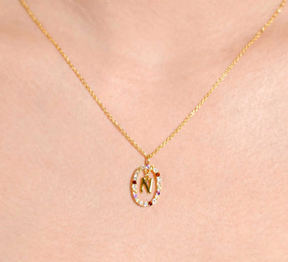Alphabet "Letter N" with Multi Gemstones Halo Gold plated Necklace