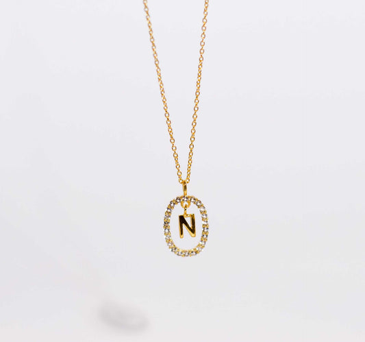 Alphabet "Letter N" with White Topaz Halo Gold plated Necklace
