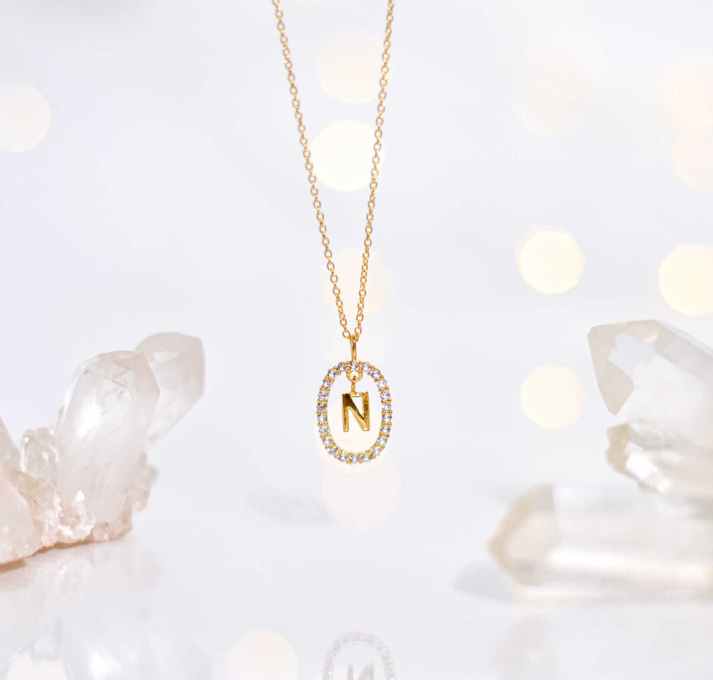 Alphabet "Letter N" with White Topaz Halo Gold plated Necklace