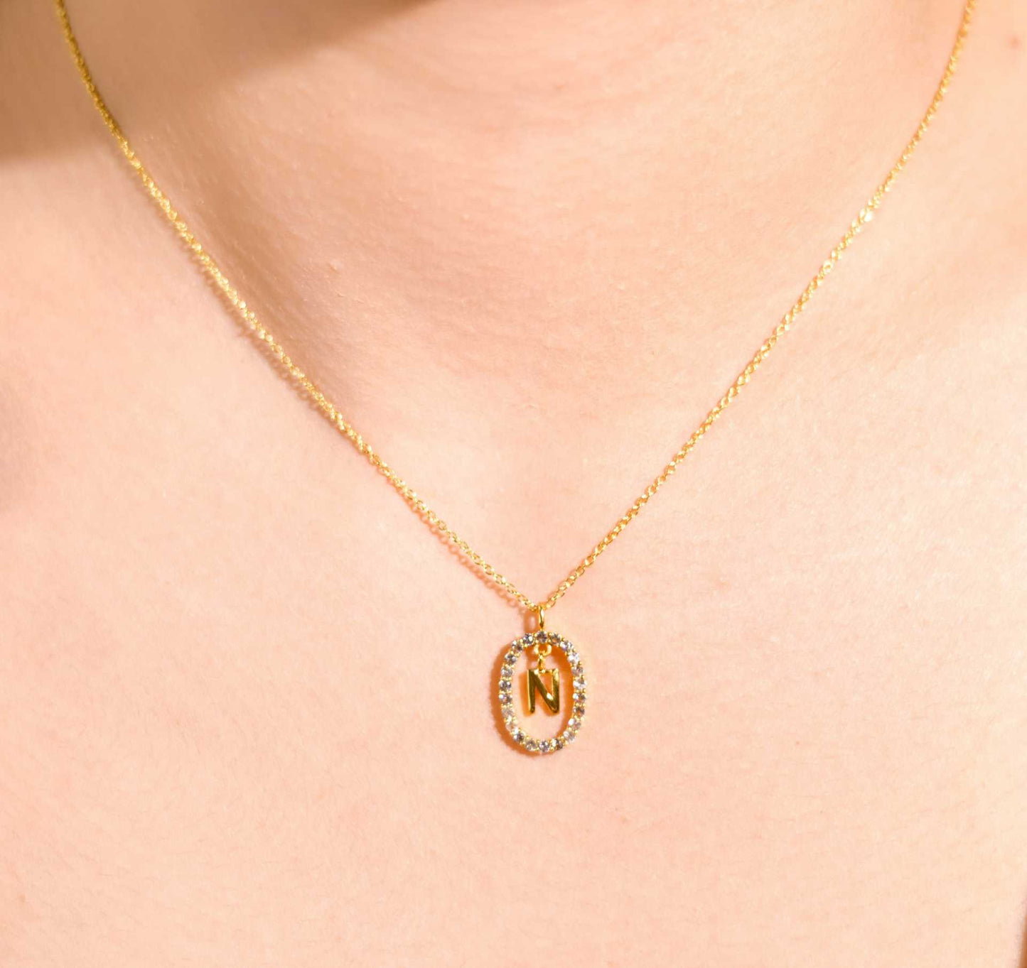 Alphabet "Letter N" with White Topaz Halo Gold plated Necklace