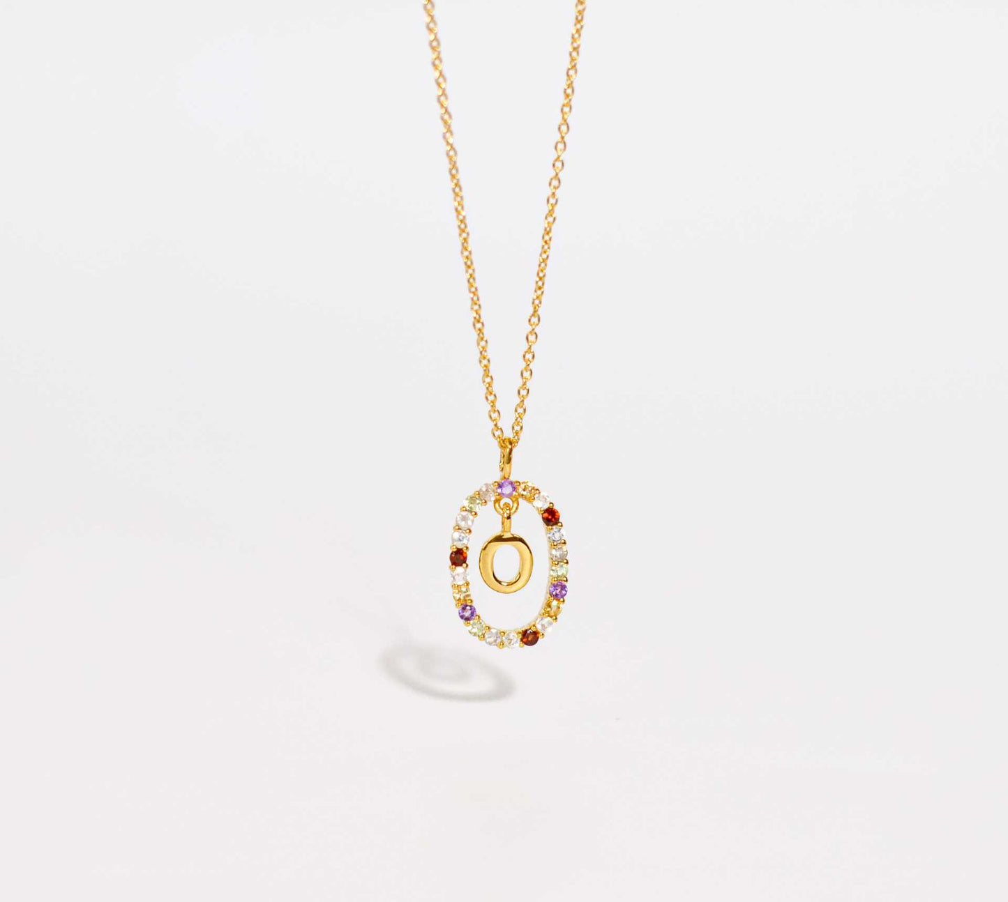 Alphabet "Letter O" with Multi Gemstones Halo Gold plated Necklace