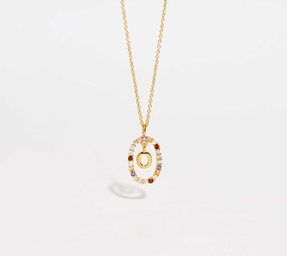 Alphabet "Letter O" with Multi Gemstones Halo Gold plated Necklace