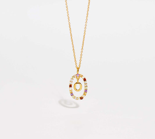 Alphabet "Letter O" with Multi Gemstones Halo Gold plated Necklace