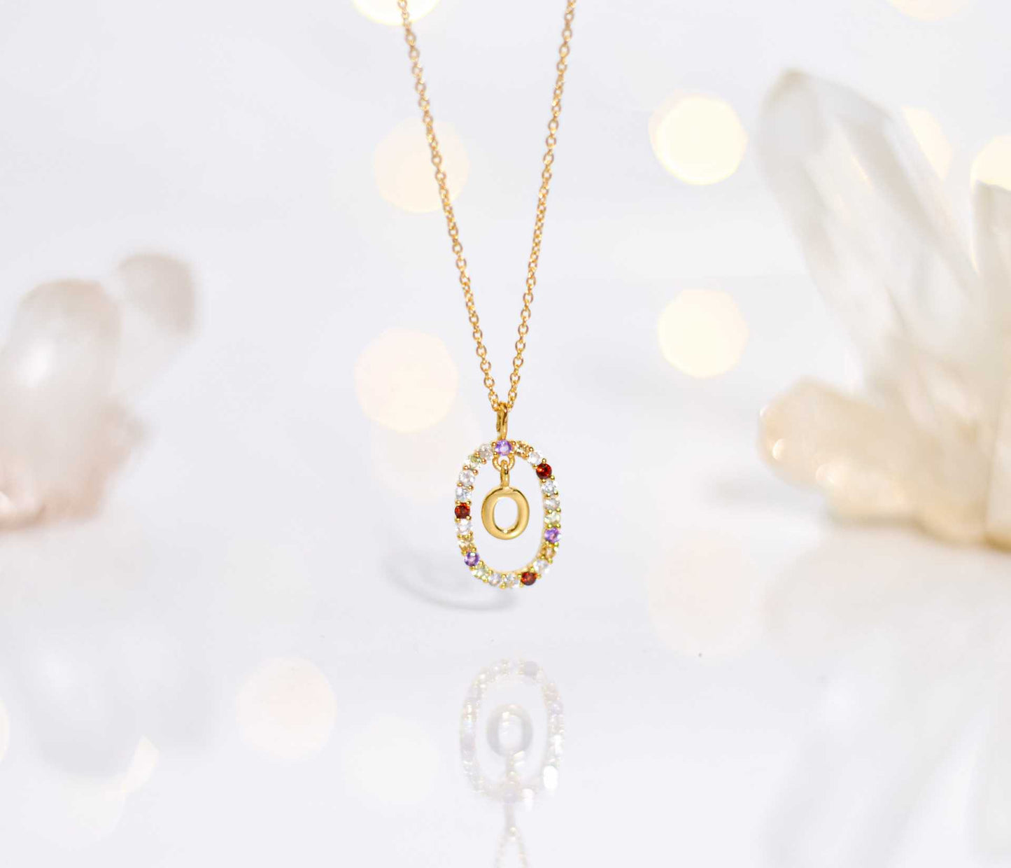 Alphabet "Letter O" with Multi Gemstones Halo Gold plated Necklace