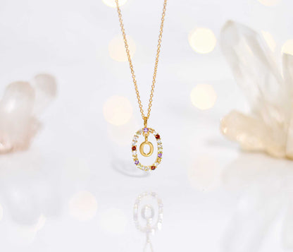 Alphabet "Letter O" with Multi Gemstones Halo Gold plated Necklace