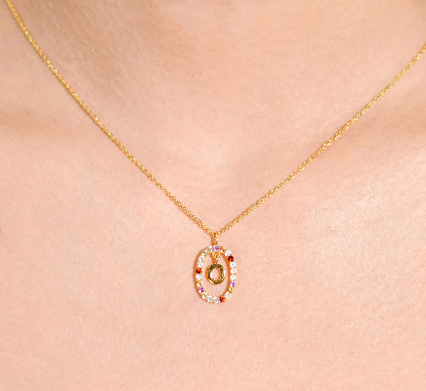 Alphabet "Letter O" with Multi Gemstones Halo Gold plated Necklace
