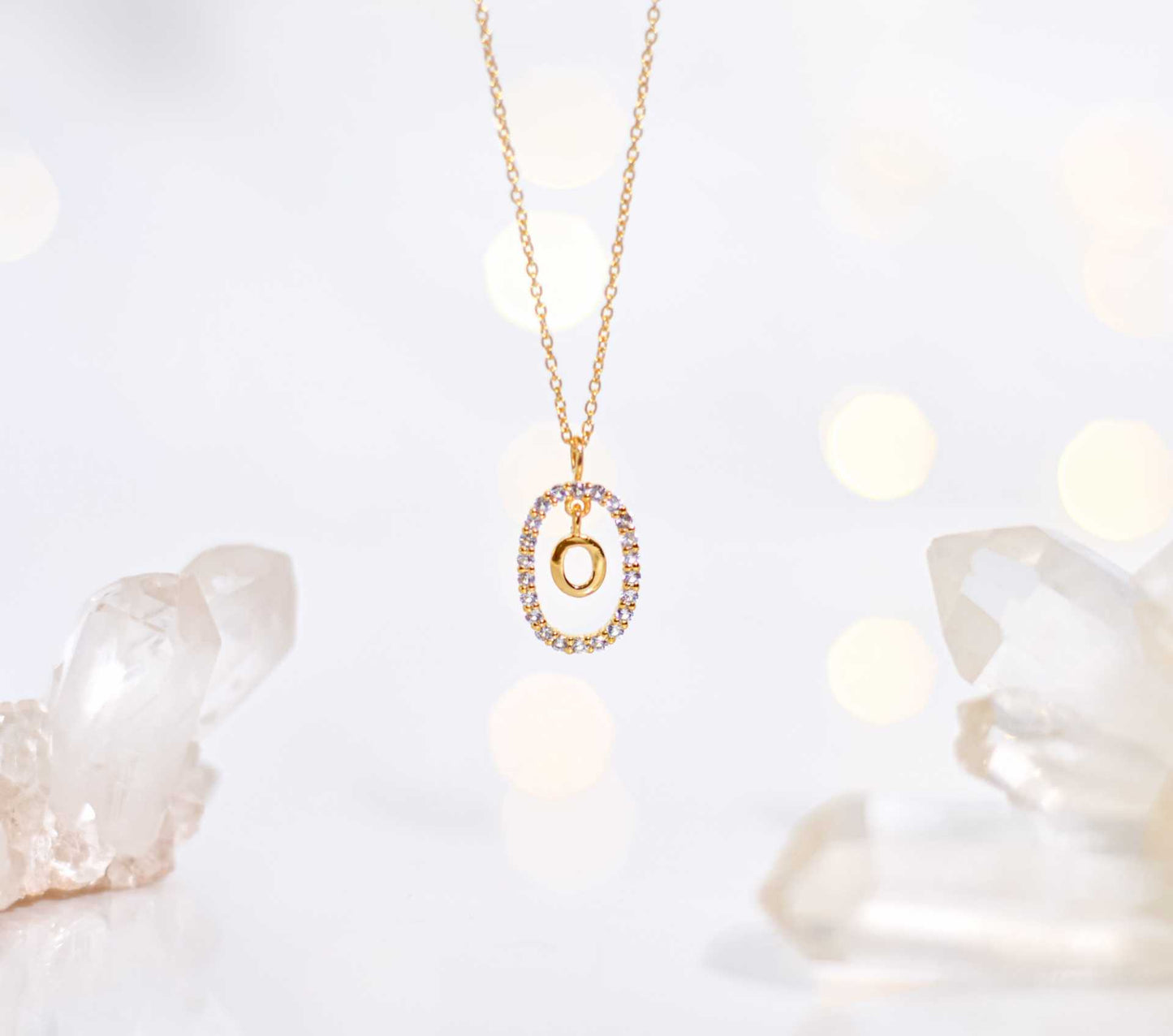 Alphabet "Letter O" with White Topaz Halo Gold plated Necklace