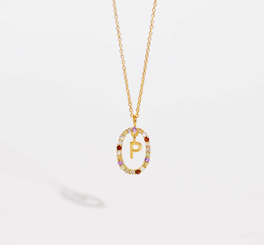Alphabet "Letter P" with Multi Gemstones Halo Gold plated Necklace