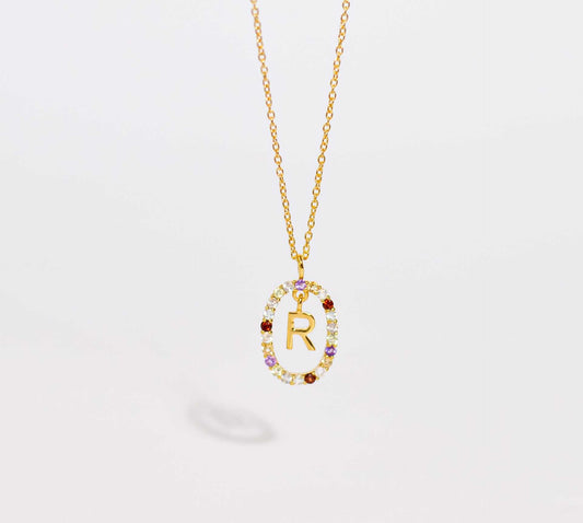 Alphabet "Letter R" with Multi Gemstones Halo Gold plated Necklace