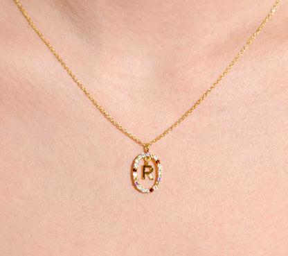 Alphabet "Letter R" with Multi Gemstones Halo Gold plated Necklace