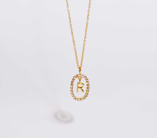 Alphabet "Letter R" with White Topaz Halo Gold plated Necklace