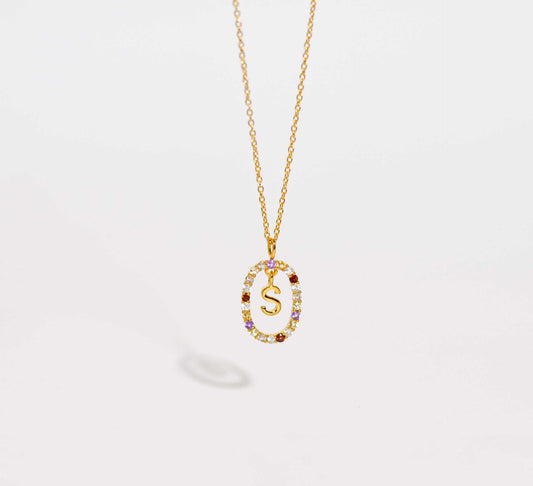 Alphabet "Letter S" with Multi Gemstones Halo Gold plated Necklace