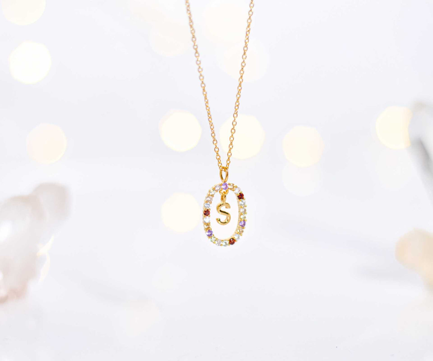 Alphabet "Letter S" with Multi Gemstones Halo Gold plated Necklace