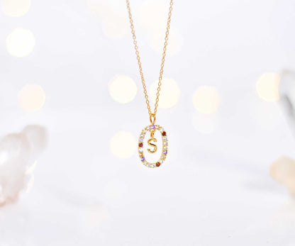 Alphabet "Letter S" with Multi Gemstones Halo Gold plated Necklace