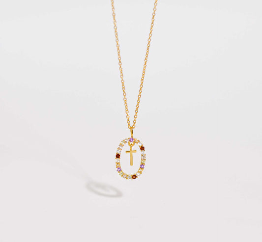Alphabet "Letter T" with Multi Gemstones Halo Gold plated Necklace