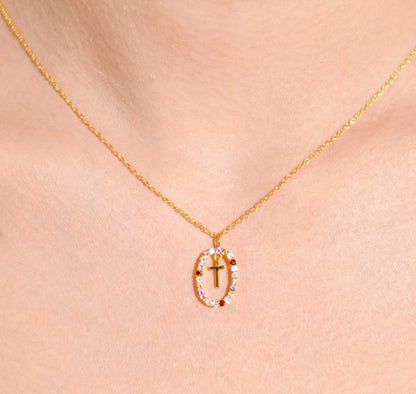 Alphabet "Letter T" with Multi Gemstones Halo Gold plated Necklace