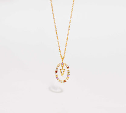 Alphabet "Letter V" with Multi Gemstones Halo Gold plated Necklace