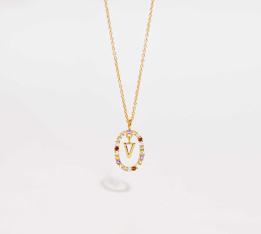 Alphabet "Letter V" with Multi Gemstones Halo Gold plated Necklace