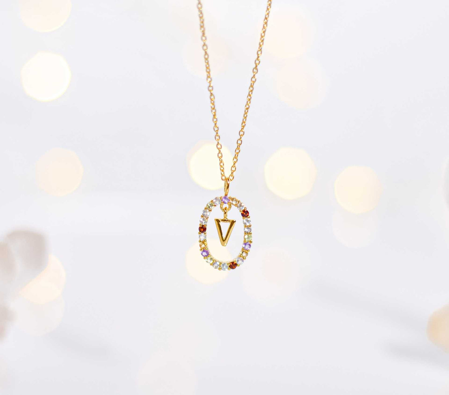 Alphabet "Letter V" with Multi Gemstones Halo Gold plated Necklace