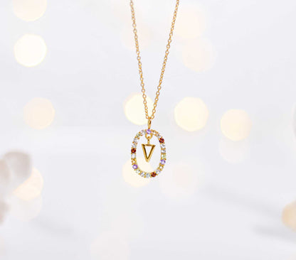 Alphabet "Letter V" with Multi Gemstones Halo Gold plated Necklace