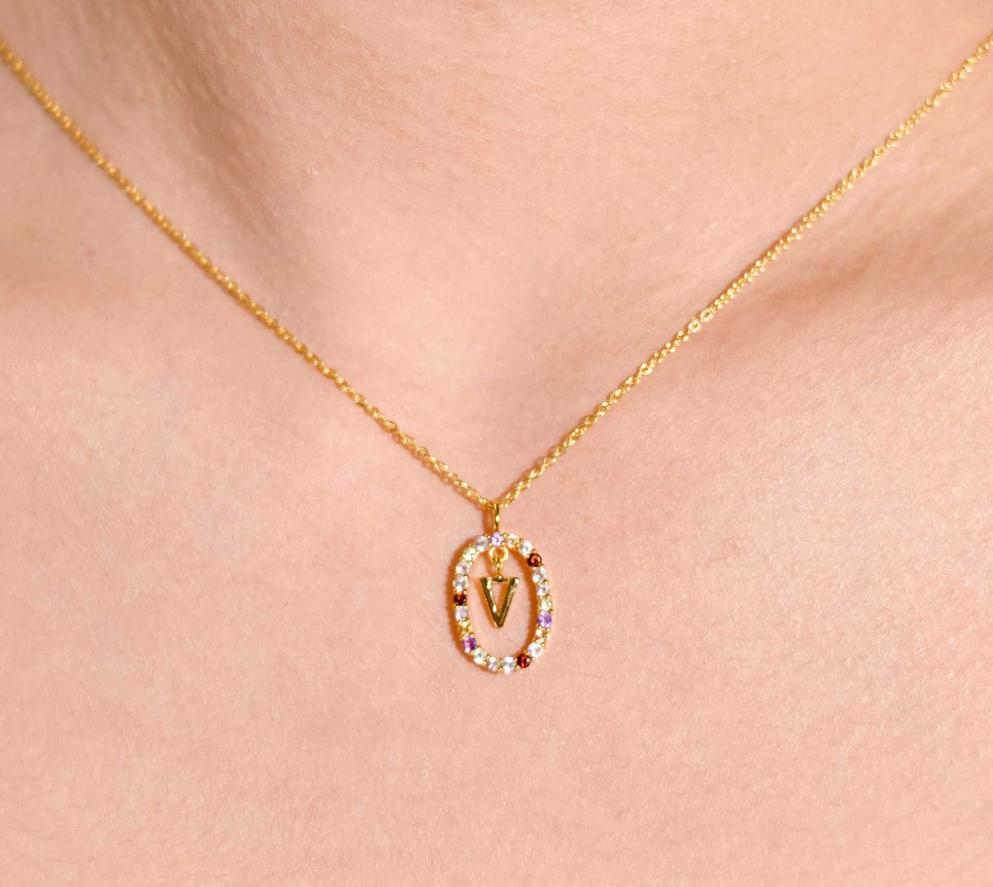 Alphabet "Letter V" with Multi Gemstones Halo Gold plated Necklace