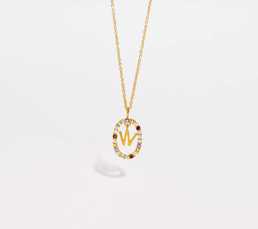 Alphabet "Letter W" with Multi Gemstones Halo Gold plated Necklace