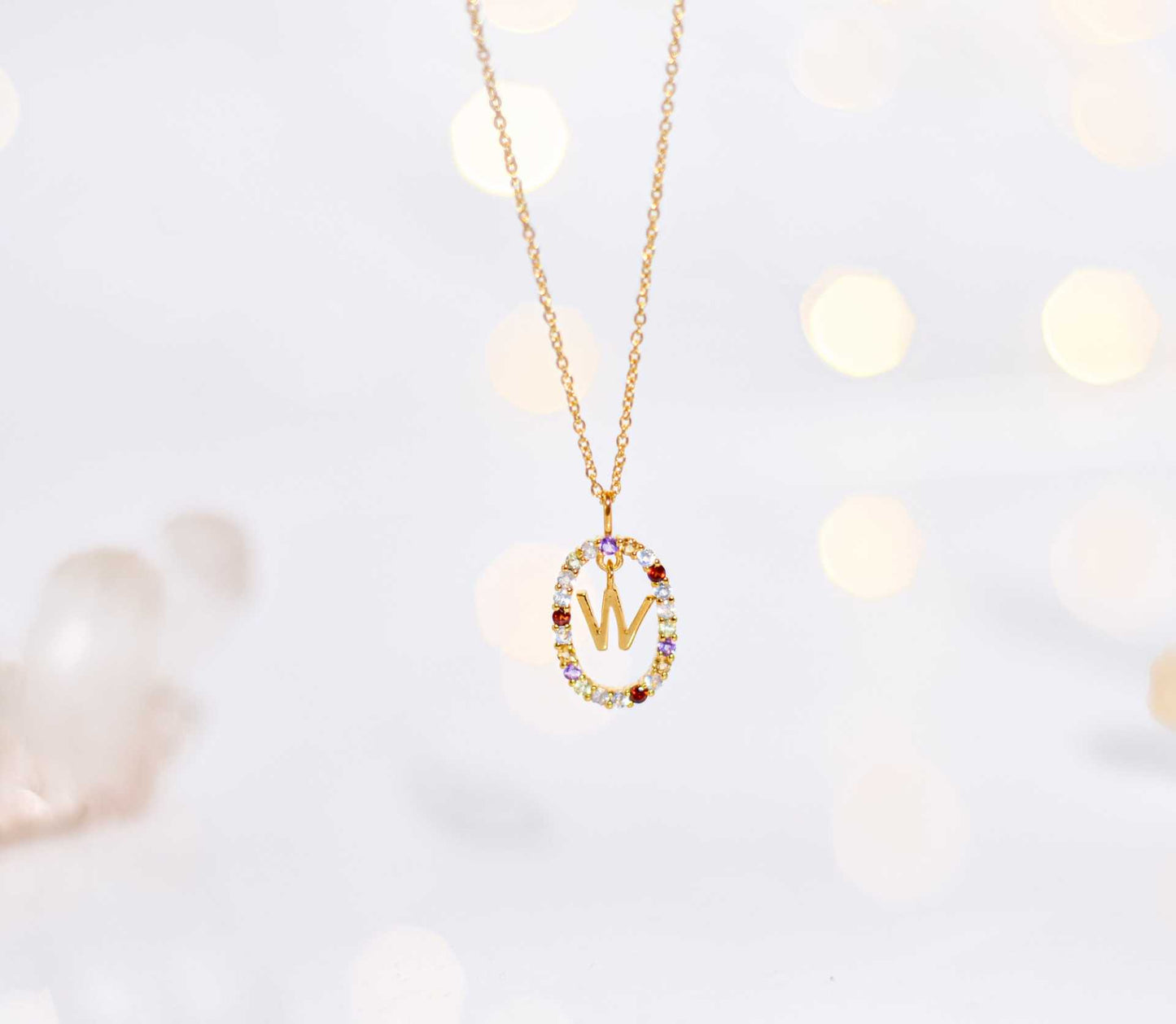 Alphabet "Letter W" with Multi Gemstones Halo Gold plated Necklace