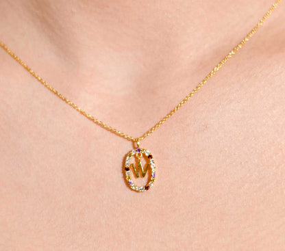 Alphabet "Letter W" with Multi Gemstones Halo Gold plated Necklace
