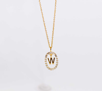 Alphabet "Letter W" with White Topaz Halo Gold plated Necklace