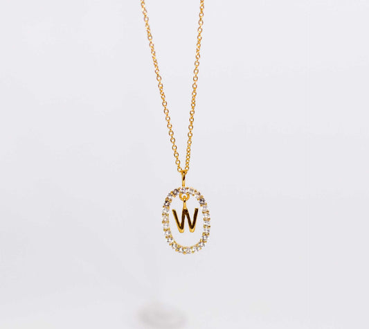 Alphabet "Letter W" with White Topaz Halo Gold plated Necklace