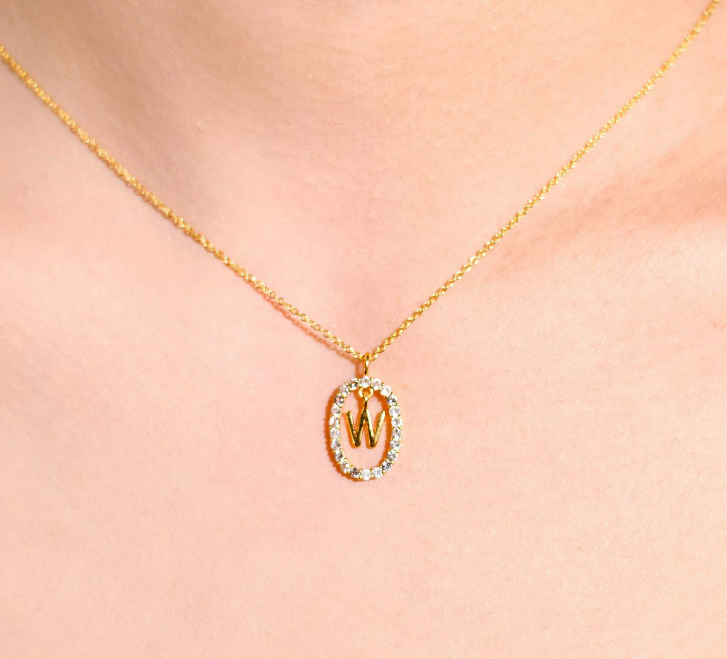 Alphabet "Letter W" with White Topaz Halo Gold plated Necklace