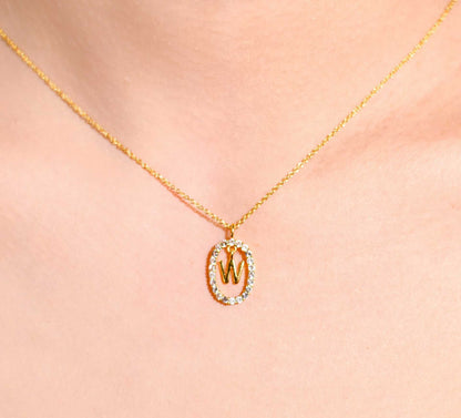Alphabet "Letter W" with White Topaz Halo Gold plated Necklace