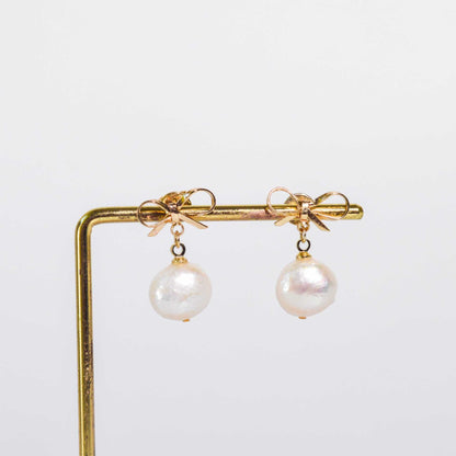 10.8 mm White Kieshe Pearl Yellow Gold Plated with Bow Stud Earrings