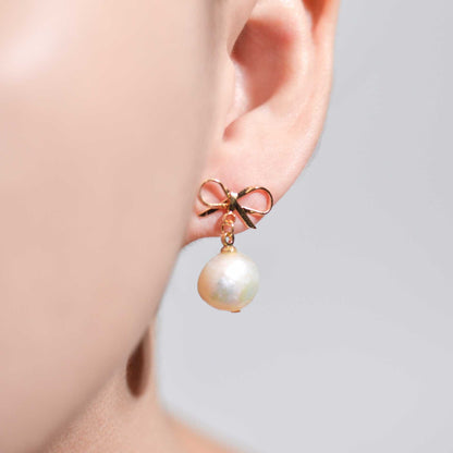 10.8 mm White Kieshe Pearl Yellow Gold Plated with Bow Stud Earrings