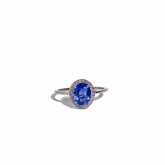 8 x 6 mm Oval cut Kyanite with Cz Halo Rhodium plated Ring
