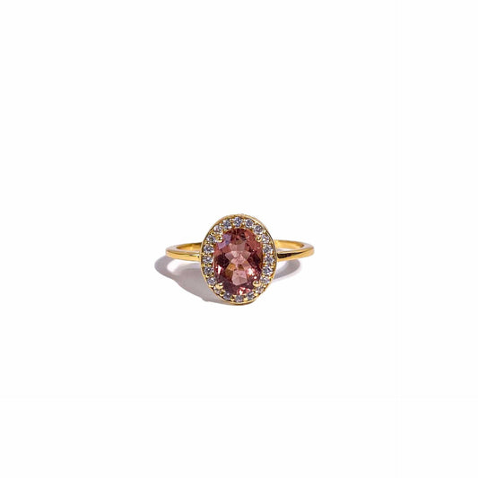 8 x 6 mm Oval cut Pink Tourmaline with Cz Halo Yellow Gold plated Ring