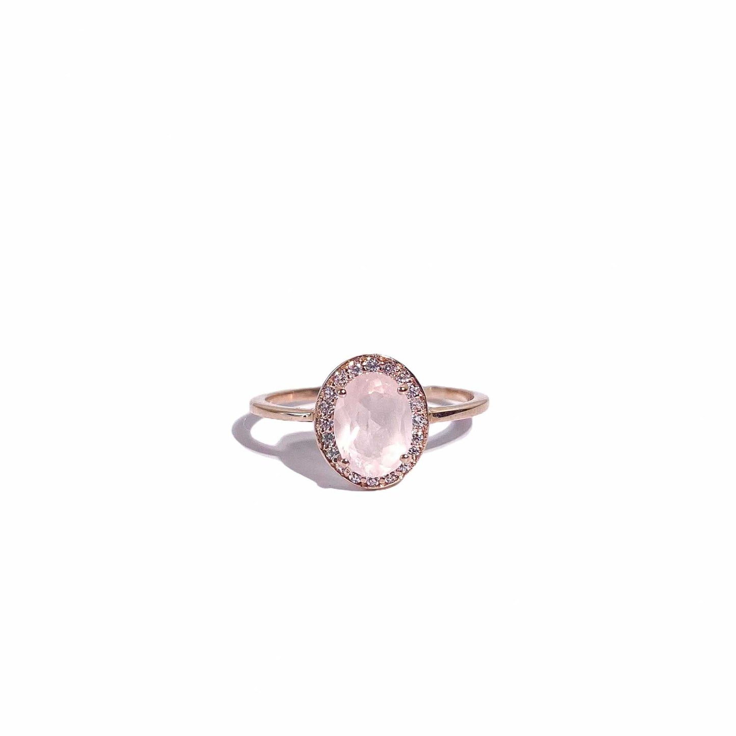 8 x 6 mm Oval cut Rose Quartz with Cz Halo Rose gold plated Ring