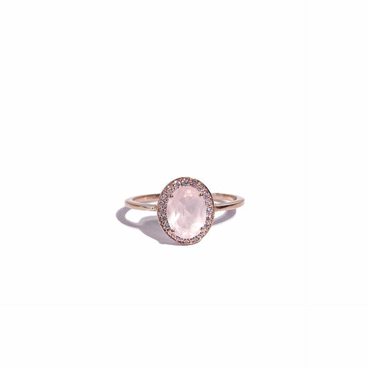8 x 6 mm Oval cut Rose Quartz with Cz Halo Rose gold plated Ring