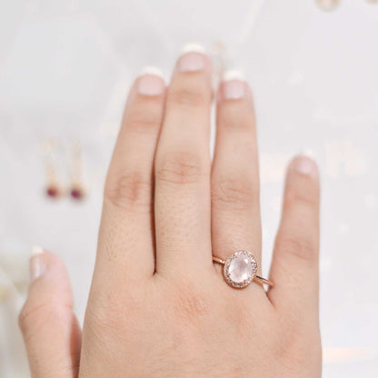 8 x 6 mm Oval cut Rose Quartz with Cz Halo Rose gold plated Ring