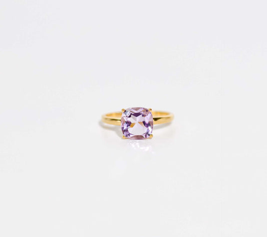 8mm Cushion cut Pink Amethyst Yellow gold plated Ring