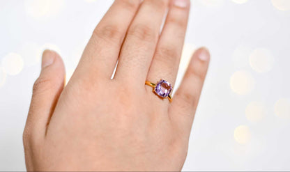 8mm Cushion cut Pink Amethyst Yellow gold plated Ring