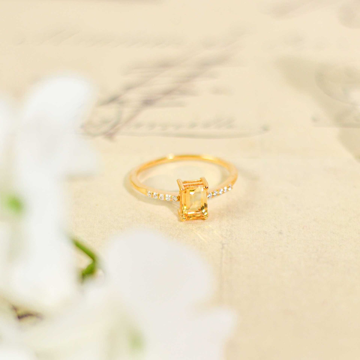 7 x 5 mm Baguette cut Citrine with Cz band Ring